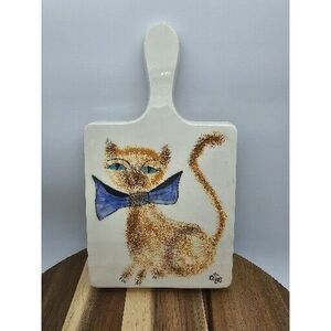 Vintage Handpainted Signed Cat In Bow Tie Ceramic Bread Board Trivet